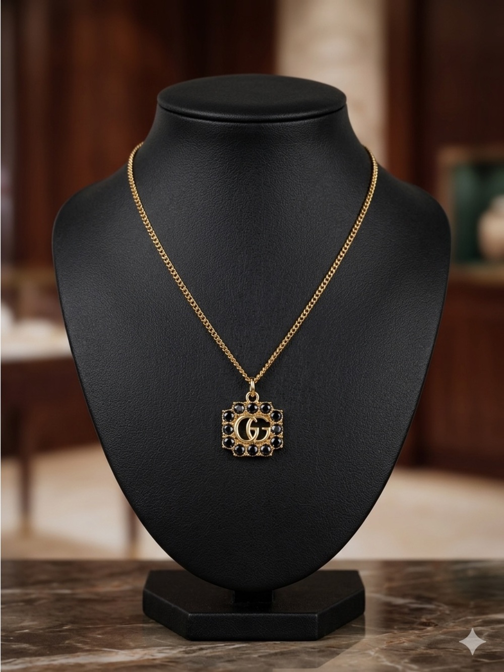 VINTAGE Gucci Gold Necklace with Black Stone GG Pendant